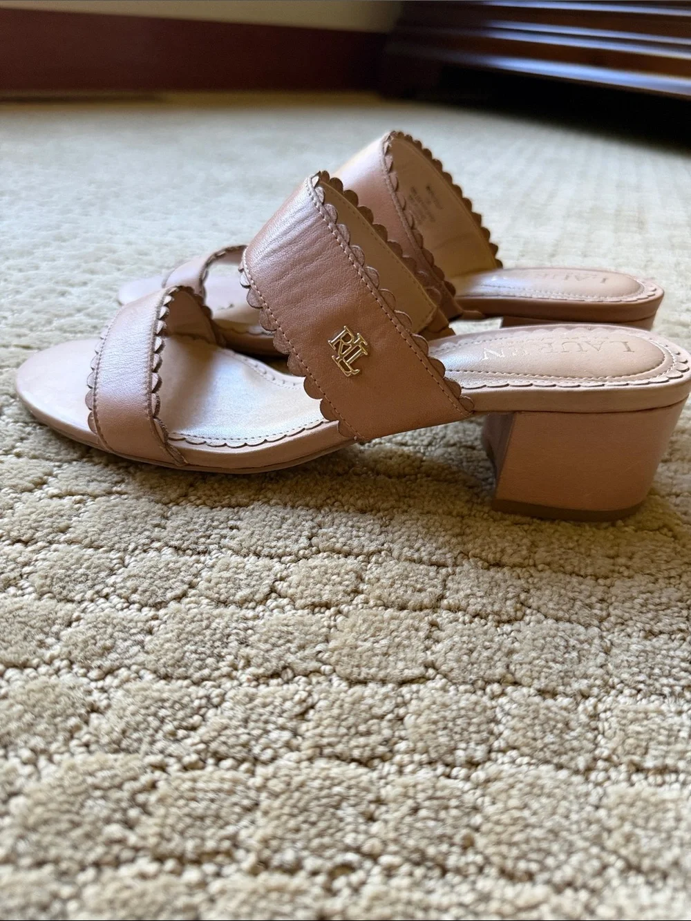 Lauren Ralph Lauren Blush Pink Scalloped Double-Band Slide Sandals